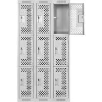 Clean Line Lockers, 3 -tier, Bank of 3, 36" x 12" x 72", Steel, Grey, Rivet (Assembled), Perforated Pathway Supply LP