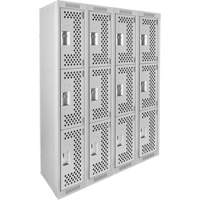 Clean Line Lockers, 3 -tier, Bank of 4, 48" x 12" x 72", Steel, Grey, Rivet (Assembled), Perforated Pathway Supply LP