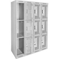 Clean Line Lockers, 3 -tier, Bank of 4, 48" x 12" x 72", Steel, Grey, Rivet (Assembled), Perforated Pathway Supply LP