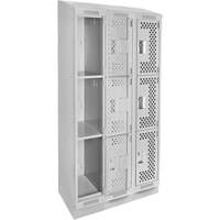 Clean Line Lockers, 3 -tier, Bank of 3, 36" x 18" x 82", Steel, Grey, Rivet (Assembled), Perforated Pathway Supply LP