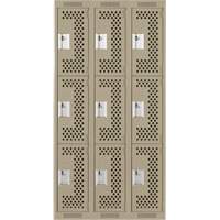Clean Line Lockers, 3 -tier, Bank of 3, 36" x 12" x 72", Steel, Beige, Rivet (Assembled), Perforated Pathway Supply LP