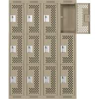 Clean Line Lockers, 3 -tier, Bank of 4, 48" x 12" x 72", Steel, Beige, Rivet (Assembled), Perforated Pathway Supply LP