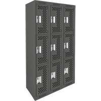 Clean Line Lockers, 3 -tier, Bank of 3, 36" x 12" x 72", Steel, Charcoal, Rivet (Assembled), Perforated Pathway Supply LP