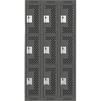 Clean Line Lockers, 3 -tier, Bank of 3, 36" x 12" x 72", Steel, Charcoal, Rivet (Assembled), Perforated Pathway Supply LP