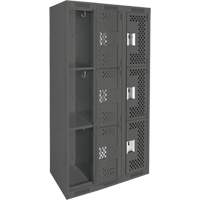 Clean Line Lockers, 3 -tier, Bank of 3, 36" x 12" x 72", Steel, Charcoal, Rivet (Assembled), Perforated Pathway Supply LP