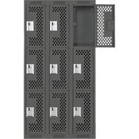 Clean Line Lockers, 3 -tier, Bank of 3, 36" x 12" x 72", Steel, Charcoal, Rivet (Assembled), Perforated Pathway Supply LP