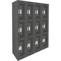 Clean Line Lockers, 3 -tier, Bank of 4, 48" x 12" x 72", Steel, Charcoal, Rivet (Assembled), Perforated Pathway Supply LP