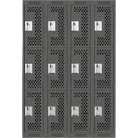 Clean Line Lockers, 3 -tier, Bank of 4, 48" x 12" x 72", Steel, Charcoal, Rivet (Assembled), Perforated Pathway Supply LP