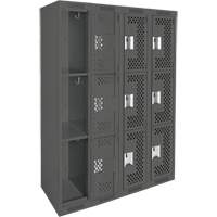 Clean Line Lockers, 3 -tier, Bank of 4, 48" x 12" x 72", Steel, Charcoal, Rivet (Assembled), Perforated Pathway Supply LP