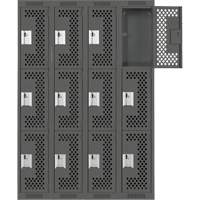Clean Line Lockers, 3 -tier, Bank of 4, 48" x 12" x 72", Steel, Charcoal, Rivet (Assembled), Perforated Pathway Supply LP