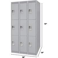 Lockers, 3 -tier, Bank of 3, 36" x 18" x 72", Steel, Grey, Knocked Down Pathway Supply LP