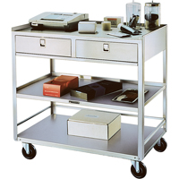 Stainless Steel Equipment Stands, 300 lbs. Capacity, Stainless Steel, 20"/20-1/8" x W, 35" x H, 37"/36-3/8" D, Knocked Down, 2 Drawers Pathway Supply LP