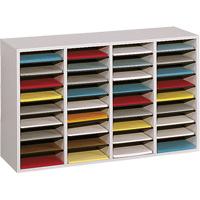 Adjustable Compartment Literature Organizer, Stationary, 36 Slots, Wood, 39-1/4" W x 11-3/4" D x 24" H Pathway Supply LP