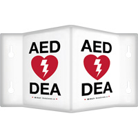 Enseigne &agrave; projection sur 90°  AED/ DEA , 6" x 5", Plastique, Bilingue avec pictogramme Pathway Supply LP